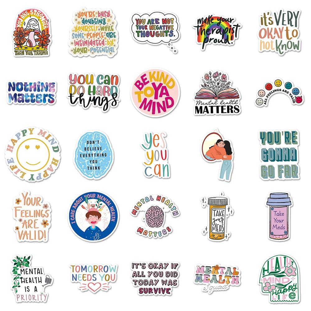 Colorful Mental Health Motivational Stickers | Fun & Uplifting Vinyl Decals for Laptops, Journals, & Self-Care