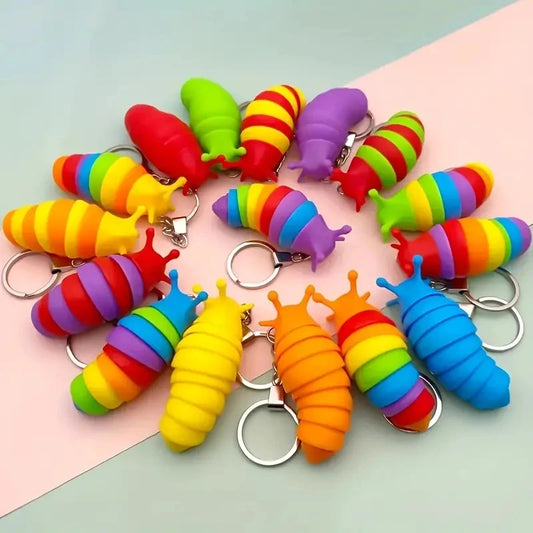 Mini Fidget Slug Keychain | 3D Articulated Stretch Caterpillar Sensory Toy | Flexible Hand Toy with Keyring for Stress Relief