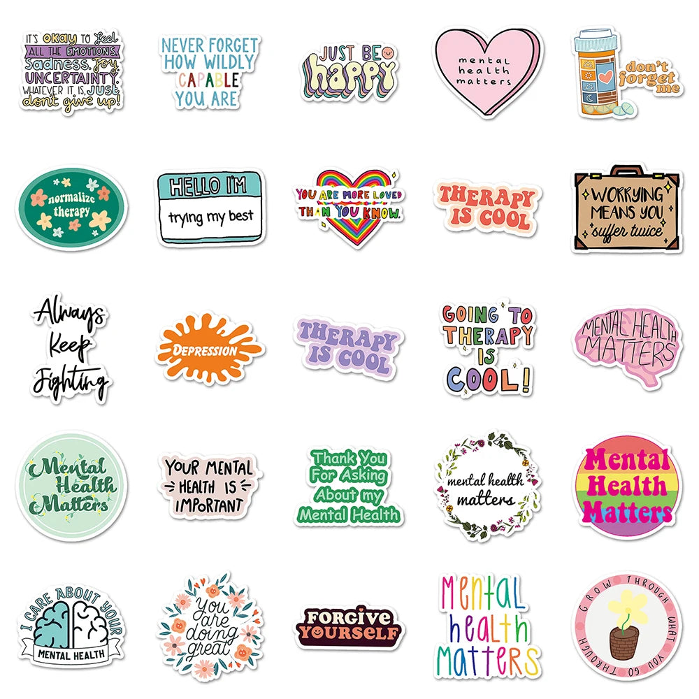 Colorful Mental Health Motivational Stickers | Fun & Uplifting Vinyl Decals for Laptops, Journals, & Self-Care