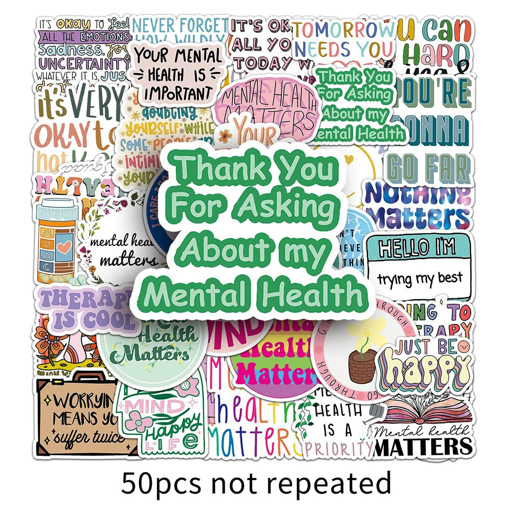 Colorful Mental Health Motivational Stickers | Fun & Uplifting Vinyl Decals for Laptops, Journals, & Self-Care