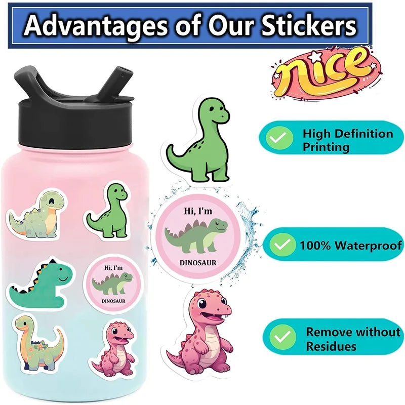 Cute Dinosaur Vinyl Stickers | 100/30/10-Piece Aesthetic & Cozy Waterproof Stickers for Bullet Journals, Laptops, & Planners